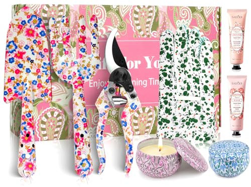 Cadeaux de jardinage pour femme, ensemble d'outils de jardin avec fourchette à imprimé floral, bougies, gants, crème à 3 mains, cadeau d'anniversaire pour maman, retraite, fête des mères, Noël (rouge
