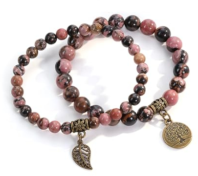 JSDDE Chakra Armband aus echte Steine, Heilsteine Edelsteine Armband, Wickelarmband Mehrschichtiges Armbänder Set, Damen Armband mit Lebensbaum Anhänger, Armband für Damen Frauen Schwester (Rhodonit)