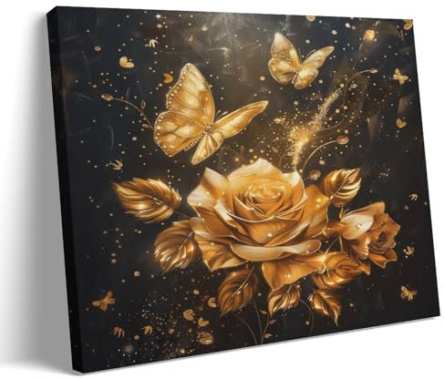 FYFMUSHE Colorful Flowers Canvas Wall Art Paintings Vintage Black And Gold Roses Butterflies Pictures on Canvas Prints Framed Ready to Hang Artwork for Bedroom Home Decor 16x24inch(40x60cm)