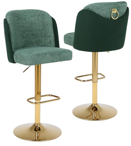 Chummaven Moderne Barhocker 2er Set Gepolsterte Höhenverstellbare Barstühle mit Goldbasis 360° Drehstühle Küchenstühle mit Rückenlehne und Fußstütze für Hausbar Küche Esszimmer Grün
