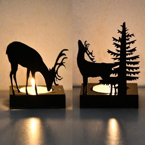 Volumoon 2 Stück Mini Teelichthalter Metall, Weihnachts Elch Kerzenhalter für 4cm Teelicht, Schwarz Kerzenständer Metall Modern, Tischdeko für Wohnzimmer Weihnachten kerzenteller Tisch Deko (A)