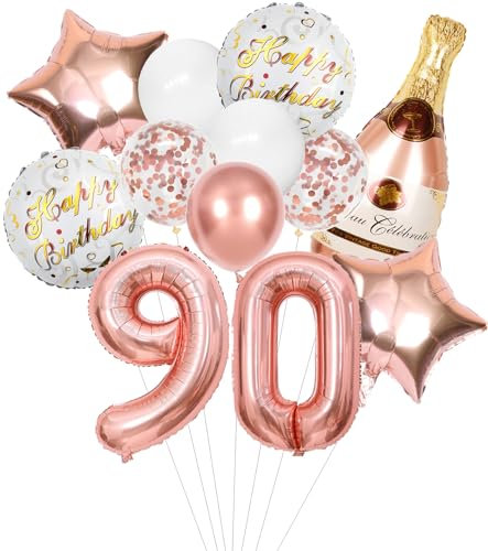 Anlgdi Folienballon Champagne Rosegold, Luftballon 90. Geburtstag Deko Frau, Geburtstagsdeko 90 Jahre Frauen, Helium Ballon Champagner Flasche Bier Happy Birthday Deko für 90. Geburtstag Party Deko