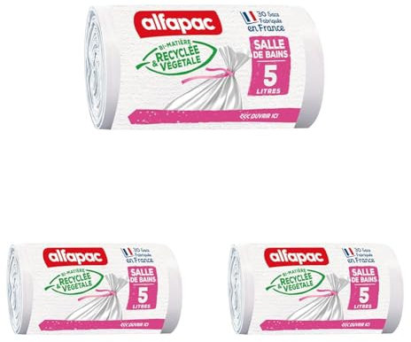 ALFAPAC - 30 sacs-poubelle 5L à lien - salle de bains- fabriqués en France - bi-matière recyclée & végétale (Lot de 3)