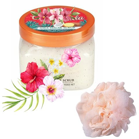 Coco Colada Shea Sugar Body Scrub Bundle: Includes 18 oz Hut Shea Sugar Scrub + Eco-Friendly Pouf (Pink, Gray, Off-White, Light Green) Exfoliating, Hydrating, Skin Care Set