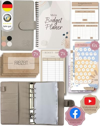 BeginnerBudget® Budget Planner Deutsch - Starterset mit Sparchallenge Budgetplaner deutsch - Sparen mit Umschlagmethode + Anleitung - Ringbuch A6 - Binder A6 Gecko-Style (Grau (mit Budgetplaner)