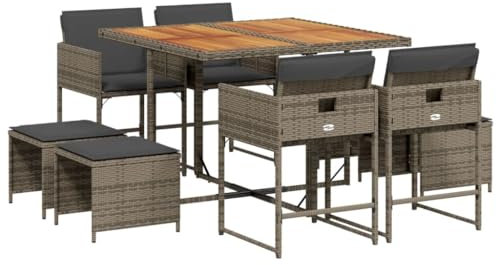 vidaXL 9-TLG. Garten-Essgruppe mit Kissen Grau Poly Rattan