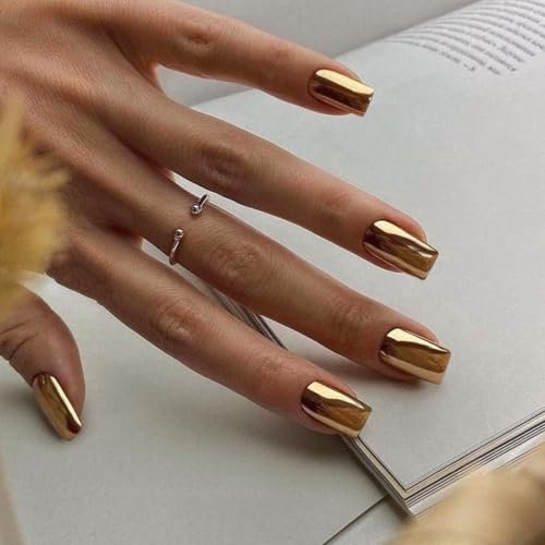 Chrome False Nails Medium, SXVME Metallic Gold Press On Nails Short Medium Square, Glitter Shine Fake Nails Glue on Nails Cute, Mirror Acrylic Stick on Nails for Women Daily & Party Wear
