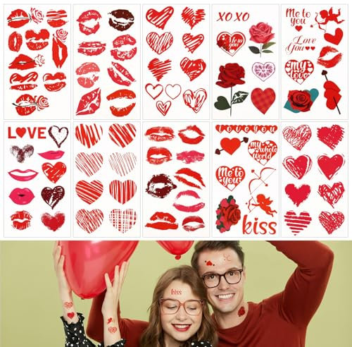84stk/10 Blätter Valentinstag Tattoo-Aufkleber, Sexy Rote Lippen Kuss Herz Rose Amor Valentinstag Thema Temporäre Tattoo-Aufkleber für Gesicht Körper Party Dekoration für Erwachsene