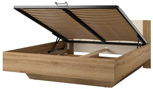 Lomadox Bettgestell Einzelbett Doppelbett 160x200 cm Liegefläche inkl. Lattenrost klappbar Stauraum Bettkasten in Eiche mit beige 164,3x85,6x204,6 cm