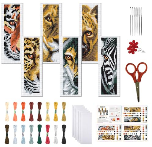 FREEBLOSS 6 Set Wildtiere Lesezeichen Kreuzstich Sets 8x2.4 | 11CT Vorgedrucktes Muster Für Anfänger Mit Anleitung und Filzrückseite Stick Lesezeichen Set Für Erwachsene