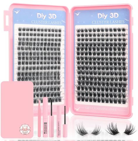 Kiusatig Individual Eyelashes Kit 2 styles Cluster Lashes Kit with Lash Glue&Remover,tweezer 360pcs Natural Look False Eyelashes Individual Kit 10-16mm Lashes book D Curl Strip Lashes