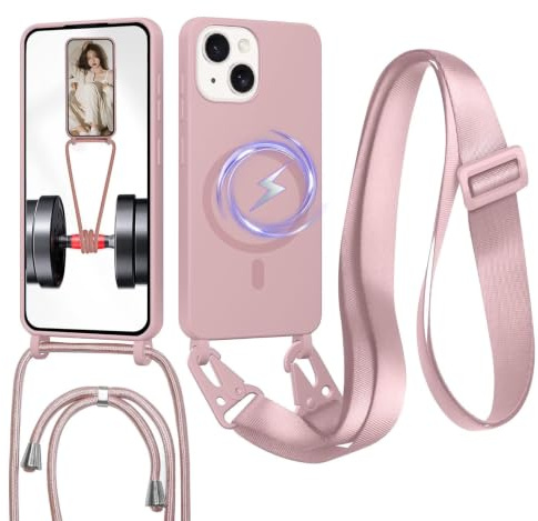 FERLAN Handykette mit Band für iPhone 15 Hülle, Lanyard (abnehmbar) Handyhülle Case mit justierbarer Schnur Abnehmbar Strap, Crossbody Schutzhülle zum Umhängen Kordel, Sandpulver