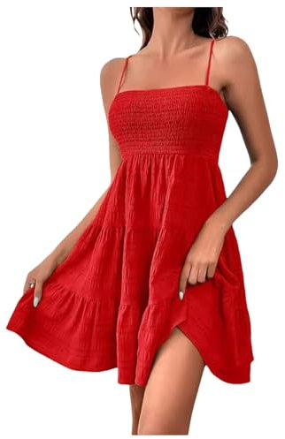Robe Ete Femme sans Manches- Robe De Plage Ourlet Buste Froncé À Volants Slim à Bretelles Spaghetti Couleur Unie Decontractée Légèr Comfortable Fluide Tendance Élégants Ample Vacances Dress