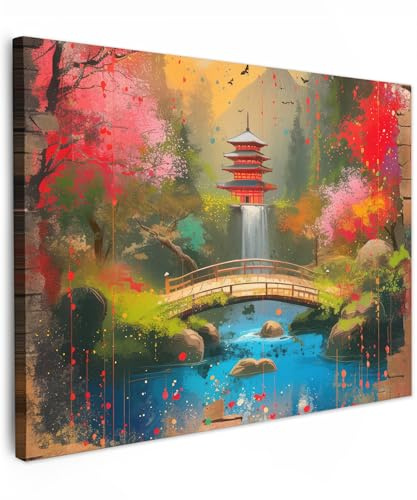 MuchoWow© Bild auf Leinwand Schlafzimmer Bilder Badezimmer Wand Deko | 40x30 cm - Wohnzimmer Modern Wanddeko Bilderwand Geschenk Graffiti - Japanse tuin - Kleurrijk - Japan - Street art