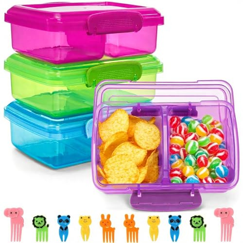 Hiceeden 4 Pcs Snack Containers with Lids, 2 Compartments Food Container