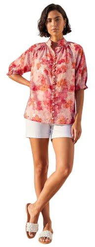 Roman Originals Floral Print Trim Detail Blouse for Women UK - Ladies Everyday Holiday Spring Summer Stand Collar Comfy Soft Evening Vacation Work Party