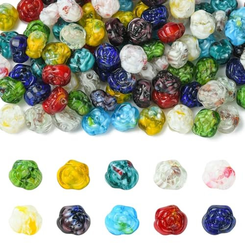 UR URLIFEHALL Lot de 100 perles en verre soufflé en forme de rose faites à la main pour fabrication de bracelets, colliers, bijoux, loisirs créatifs