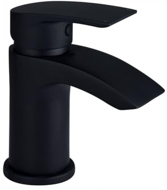 VeeBath Cascade Mono Basin Mixer Tap – Rounded Edge Design, Matt Black Finish, G1/2 Inlet with Pop-Up Waste, Single Lever, Deck Mounted, Modern Bathroom Tap, Sink Mixer with 1 Hole