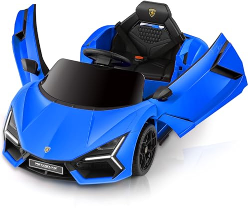 ELEMARA Licensed Lamborghini Ride On Car,12V Electric Cars for Kids with Scissor Door, Electric Ride On for Kids with Remote Control,Bluetooth,LED Light,MP3 Player and Wide Seat, Blue