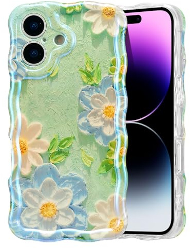 EYZUTAK für iPhone 17 Hülle, Bunte Vintage Ölgemälde Blumen, Blau Weiß | Glitzer Flower Muster Handyhülle, Niedliche Lockiges Wellenförmiger Rand, Langlebige TPU Schutzhülle, Für Mädchen Frauen