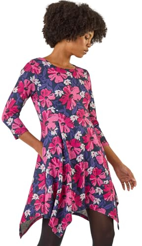 Roman Hanky Hem Swing Dress with Pockets for Women UK Ladies Asymmetric Hemline Stretch Jersey 3/4 Sleeve Winter Smart Casual Work Office Knee Length Tunics - Pink Blue - Size 12