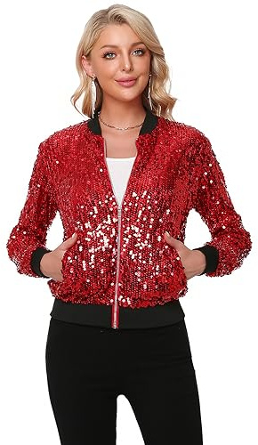 YYPBI Damen Pailletten Jacke Bomberjacke langärmelig glitzernder Bomber Jacke Metallic Festival Konzert Party Jacke mit Taschen