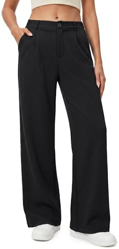 Enmain Pantalones Mujer Vestir Verano Cintura Alta Elástico Pierna Recta Ancha Antiarrugas Pantalon Palazzo Fluido Largo Ligeros Suelto Mujer Elegante Casual con Botón Bolsillos Negro XL
