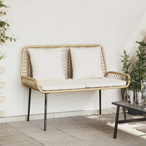 kithwjll Gartenbank Braun und Creme Poly-Rattan mit Stahlrahmen, 2-Sitzer Outdoor Gartenmöbel Set klein, wetterfestes Lounge Sofa für Balkon und Terrasse, komfortable Sitzbank mit Polstern