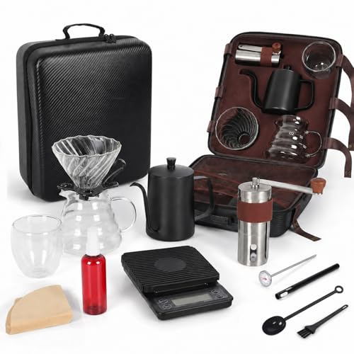 Ayrirel Pour over Coffee Maker Set, Hand Brewed Coffee Set for Outdoor,Travel Coffee Gift Set with Coffee Grinder Server, Kettle, Filter, Scale(No Batteries), Glass Drip Funnel (12 Pack)