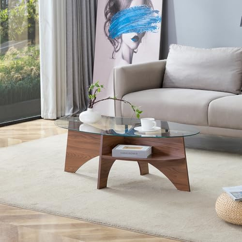 Mesa de Centro Ovalada de Cristal Templado, Salón, Nogal, 104.9 x 60 cm