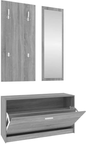 KPWENFBSL Ensemble de 3 meubles de couloir gris Sonoma - Ensemble de garde-robe en bois avec armoire à chaussures, porte-manteau mural avec 4 crochets et miroir, meubles pour entrée et couloir