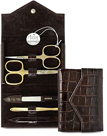 nippes Solingen Premium Line Maniküre Set Croco, 5-teilig, Vernickelt und vergoldet, Vergoldetes Nagelpflege Set, Rindsleder-Etui im Kroko-Design, Maniküre Pediküre, Made in Germany