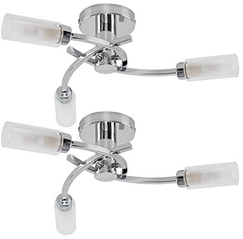 MiniSun | Modern 3 Way Spiral Silver Chrome Ceiling Light Fittings with Frosted Glass Shades | Pendant Lights, Home Décor & Improvement Essential | Set of 2