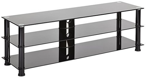 MMT Black Glass TV Stand with 3 Shelves and Cable Management, 140cm Side Table TV Stand Cabinet, Black Legs, Fits up to 65-Inch TVs
