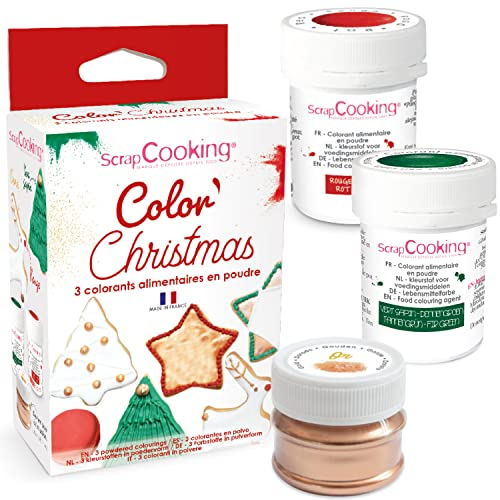 ScrapCooking - 3 Colorants Artificiels en Poudre Noël - Rouge Vert Doré - Colorants Alimentaires Pâtisserie Comestibles - Gâteaux, Biscuits & Pâte à Sucre - Fabriqués en France - 4018