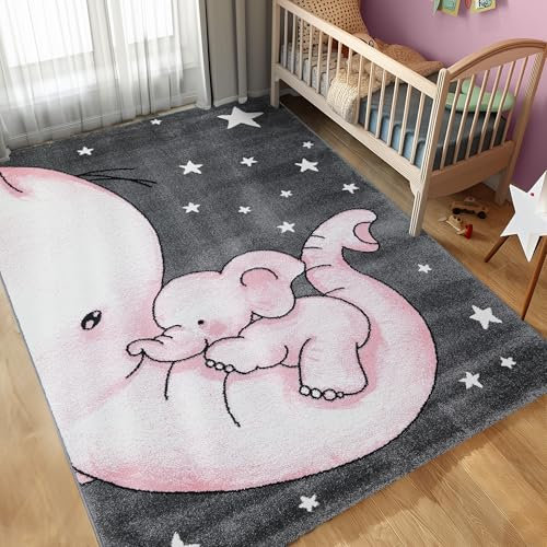 Carpettex Kinderteppich Elefant Design Pink 80 x 150 cm Läufer - Kurzflor Teppich Kinderzimmer für Mädchen und Jungen Pflegeleicht Weich - Waschbarer Spielteppich Babyteppich Gaming Teppich Babyzimmer