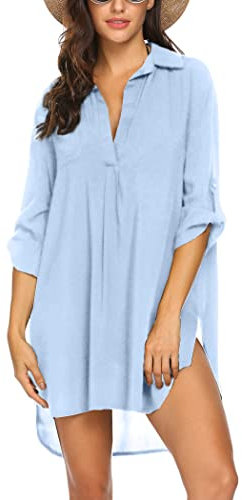 UNibelle Strandkleider Damen Badeanzug Strand Vertuschen Shirt Bikini Beachwear Badeanzug Strandkleid Strandponcho Sommer, Himmelblau, M
