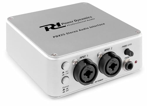 Power Dynamics PDX25 Interface Audio USB 2 Canaux - 2X Entrée XLR, Entrée Jack 6,3mm, Sortie RCA, Alimentation USB, Logiciel Audacity Offert, Idéal pour Enregistrement Studio ou sur Scène