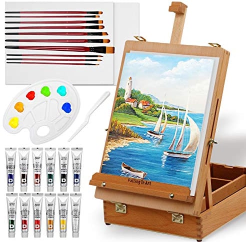 Falling in Art Staffelei Box Acrylfarben Set mit tragbarem Tischständer Acrylfarbe Leinwand Paneele Pinsel Palette für Christimas Geschenk