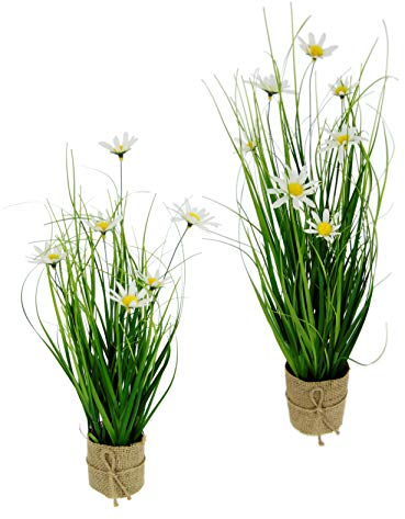 Künstlicher Grasbusch mit Margeriten im Jute-Topf Blumen Blüten Gras Bund stehend Stehgras Grasbündel Kunstpflanze Dekogras Kunstgras Pflanze Ziergras Grasbüschel Deko Grasarrangement Gräser künstlich