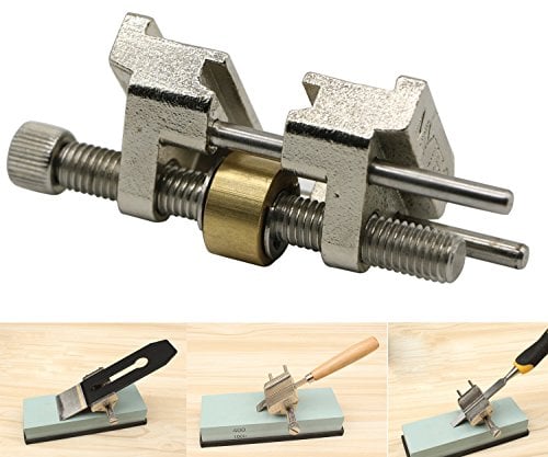LepoHome - Guía de afilado de acero inoxidable con rodillo de latón para afilador de cuchillos de ángulo fijo de cincel de madera (rango de anchura de sujeción de 0.2 a 3.2 pulgadas)
