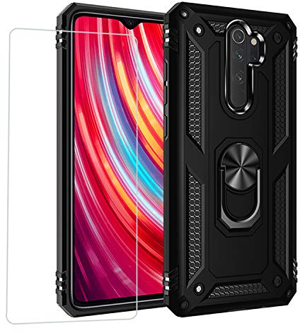 Joytag compatibles para Funda Xiaomi Redmi Note 9S/Note 9 Pro,Carcasa +Cristal Templado Silicona TPU 360 Grados Anillo Giratorio magnético Soporte Caja del teléfono del Coche-Negro