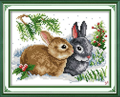 Selbstgestempeltes Kreuzstich-Stickset, komplette Reihe vorgedruckter Starter-Sets für Anfänger - Ein glückliches Kaninchen 33 x 24 cm