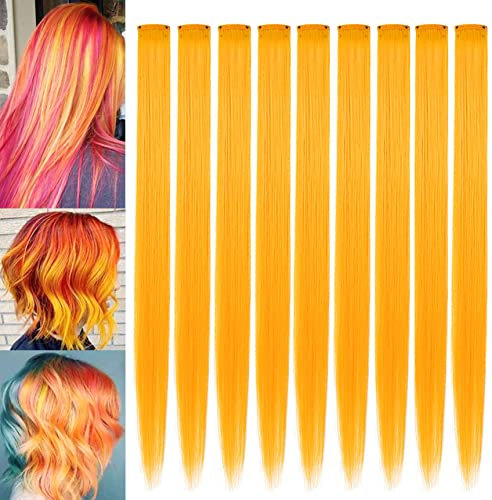 MQY COLOR 9PCS 21''Farbige Haarschmuck Perückenteile Clip in Orange Haarverlängerungen für Mädchen Party Highlights Synthetische lange gerade bunte Haarteile für Damen (Orange)
