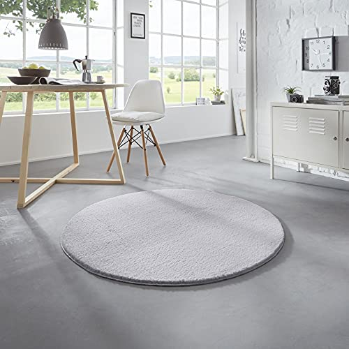 Taracarpet Waschbarer Flauschiger Uni Kurzflor Teppich, Anti-Rutsch, Felloptik, Super Soft Grau 120 cm rund