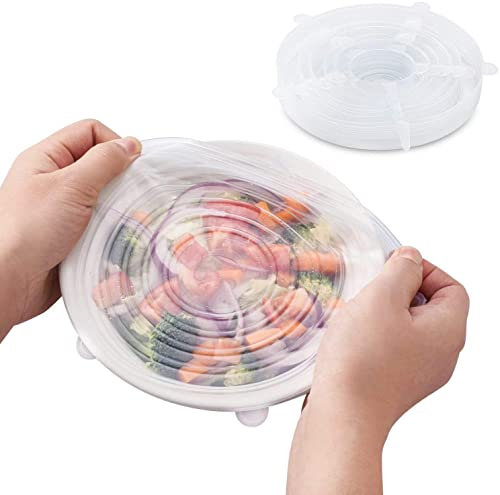 Silicone Stretch Lids, 6 Pack Reusable Eco Silicone Lids Food Covers White for Bowls, Cups, Can - Dishwasher, Microwave & Freezer Safe Keep Food Freshing, 6 Sizes Round Silicone Lids