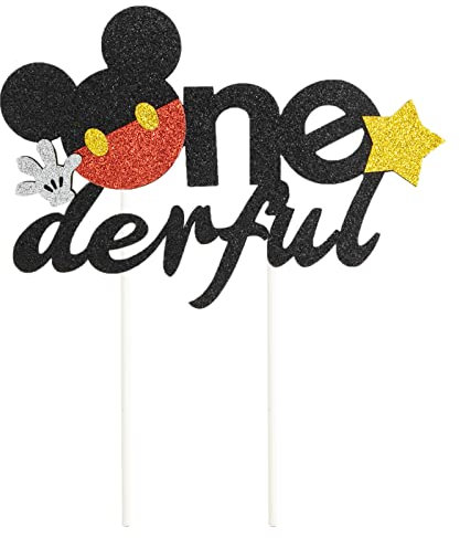 CHuangQi Onederful Oh Twodles Glitter Cake Topper, 1st 2nd Mickey Themed Birthday Cake Decor, Birthday Party Supplies (Onederful)