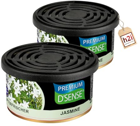 h2i Premium Duftdose | jasmin | 2 Stück | Auto Lufterfrischer und Duftspender für Camping, Büro & Zuhause | 60 Tage frischer Duft mit Mengenregulierung | passt in Getränkehalter | inkl. h2i Sticker