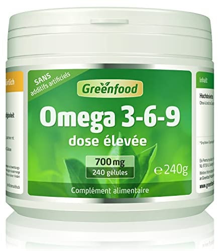 Greenfood Oméga 3-6-9, 700 mg, 240 gélules - SANS additifs | Riche en EPA/DHA, pour cœur, pression artérielle et cholestérol, testé, sans OGM, gluten ni lactose.