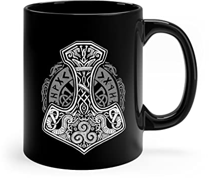 Wikinger Tasse In Schwarz Beidseitig Bedruckt - Thors Hammer Mjolnir Kaffeetasse Mit Nordischen Runen - Viking Dekoration